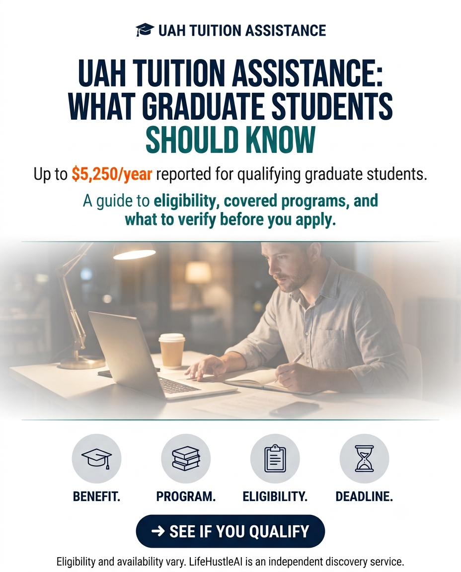 UAH tuition assistance poster for graduate students showing up to $5,250 per year reported benefit