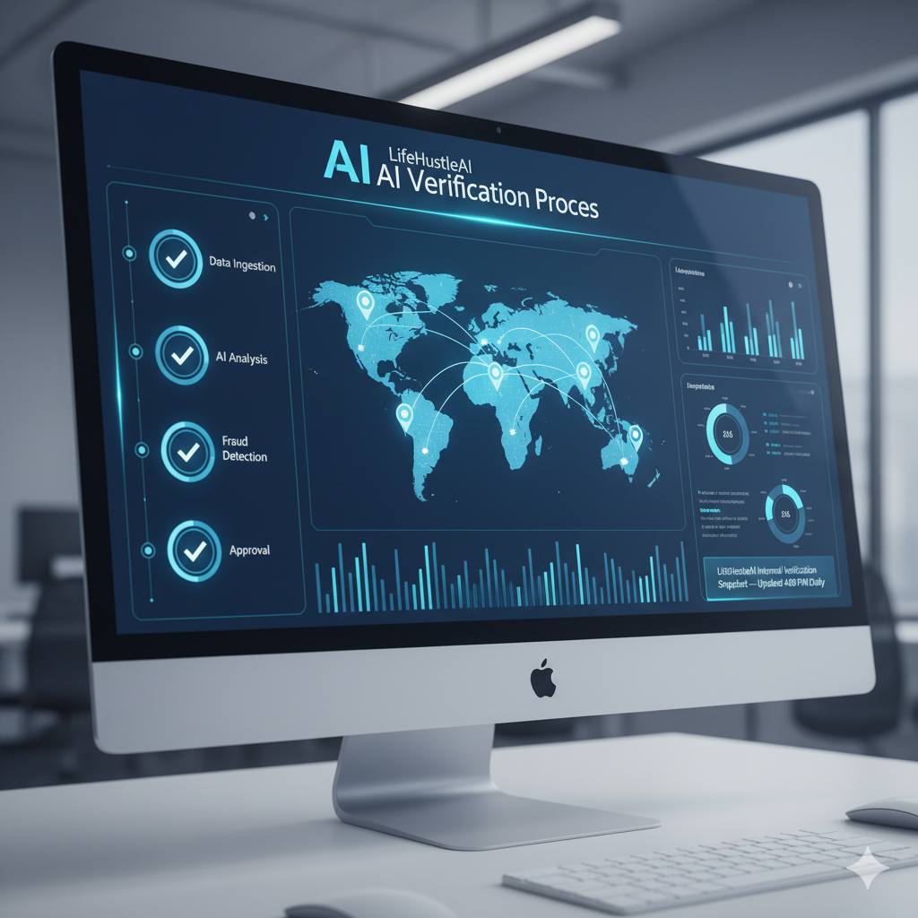 AI dashboard showing LifeHustleAI verification process with global map