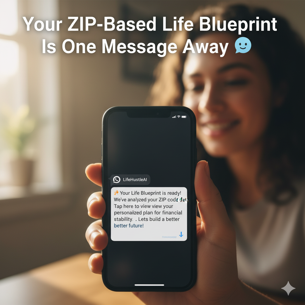 Phone showing LifeHustleAI WhatsApp message saying Your ZIP-Based Life Blueprint is ready